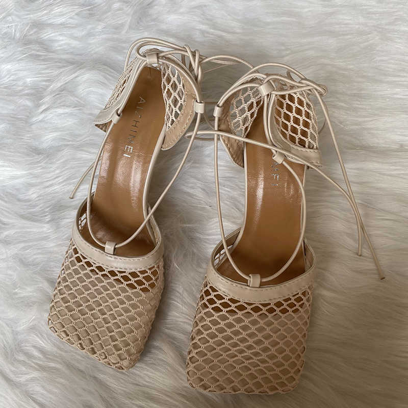 

HENGSCARYING New Women Hollow Breathable Air Mesh Sandals Square Toe Beige Stiletto High Heels Sandals Ankle Lace Up Party Shoes Y0721, Black