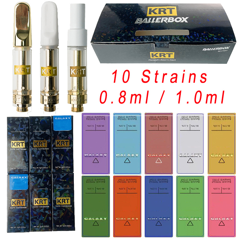 

KRT Atomizers Empty Vape Pen Cartridges Packaging 0.8ml 1.0ml 510 Thread Ceramic Vaporizer Glass Tank Thick Oil Wax Carts With Black Galaxy Hologram Box