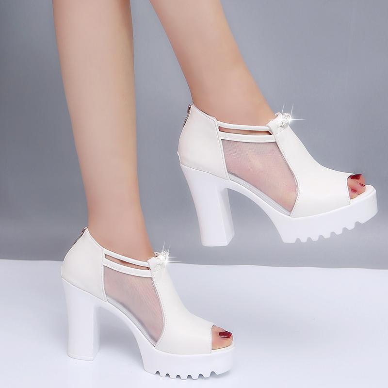 

High-heeled Sandals Female 2021 Summer Leather Fish Mouth Shoes Thick With Mesh Women's Hollow, Beige