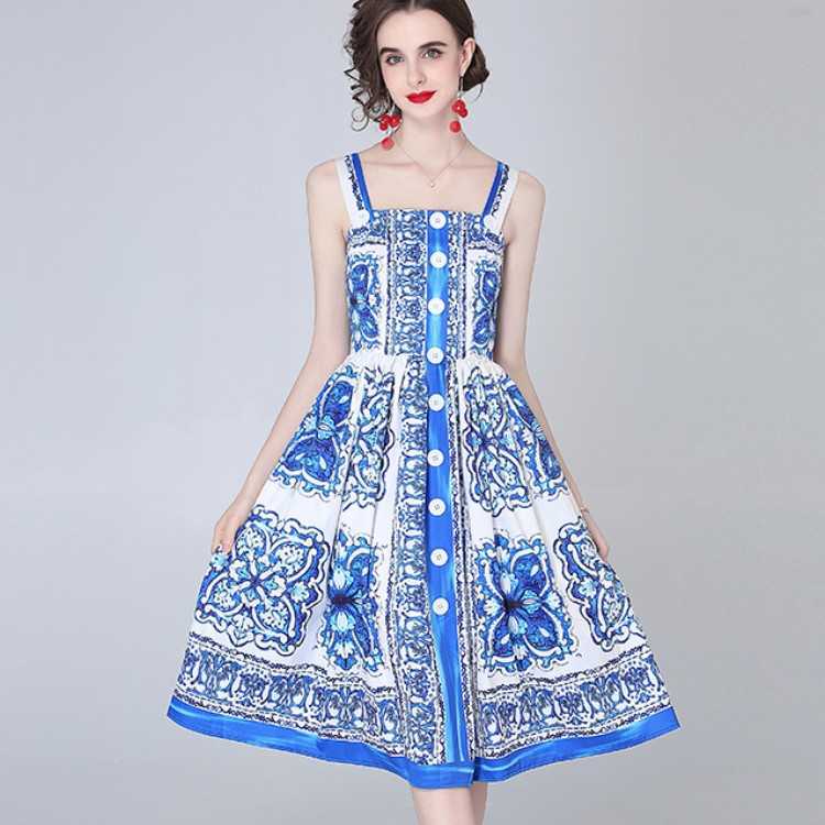 

Runway Vintage Summer Dresses For Women Elegant Fashion Blue and white porcelain Print Strapless Vacation Beach Midi Dress 210526, Photo color