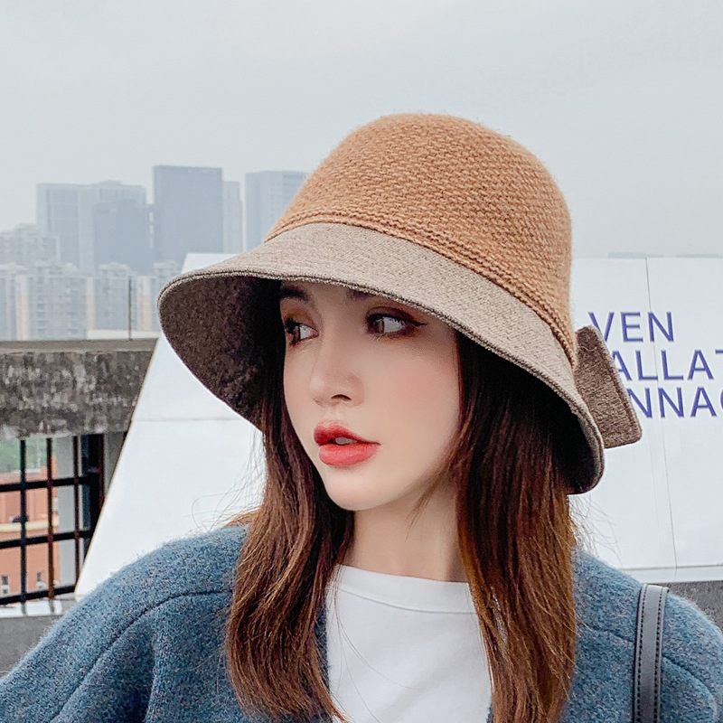 

New Fashion Stitching Hat for Women All-Matching Youthful-Looking Bow Bucket Autumn Winter Thermal and Windproof Wholesal, Khaki