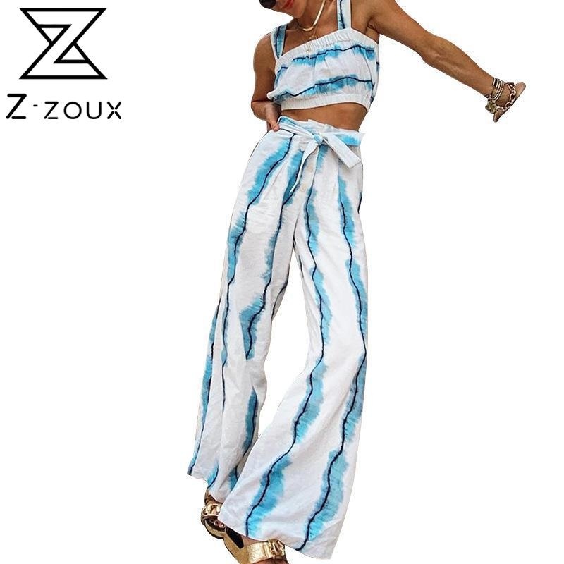 

Women Sets Sexy Pants Striped Crop Top With Bow Lace Up High Waist Wide Leg Two Piece And 210524, Blue