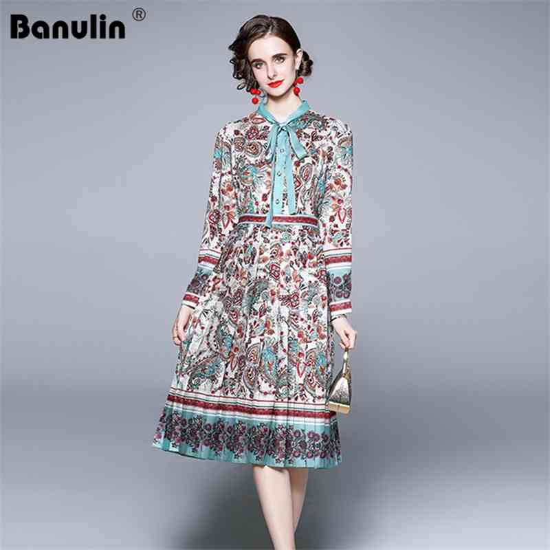 

Banulin Summer Runway Designer Pleated Dresses Spring Women's Long Sleeve Bow Neck Vintage Floral Printed Party Dress 210603, Blue