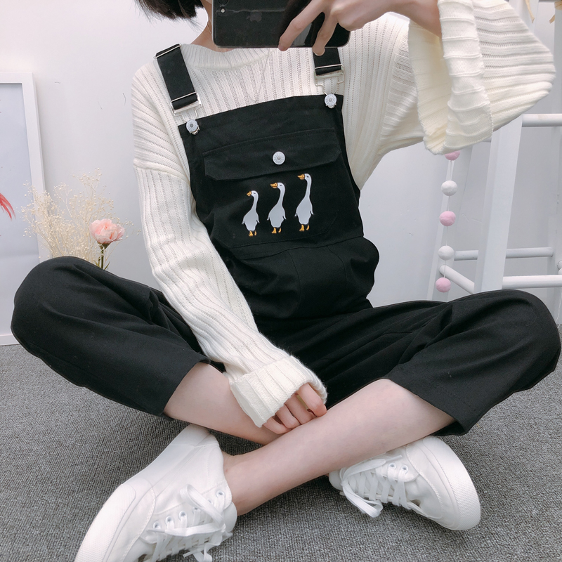 

2011jumpsuits women chic strap ankle-length harajuku sweet trendy womens pockets students kawaii cartoon printed straight girls cute, Black;white