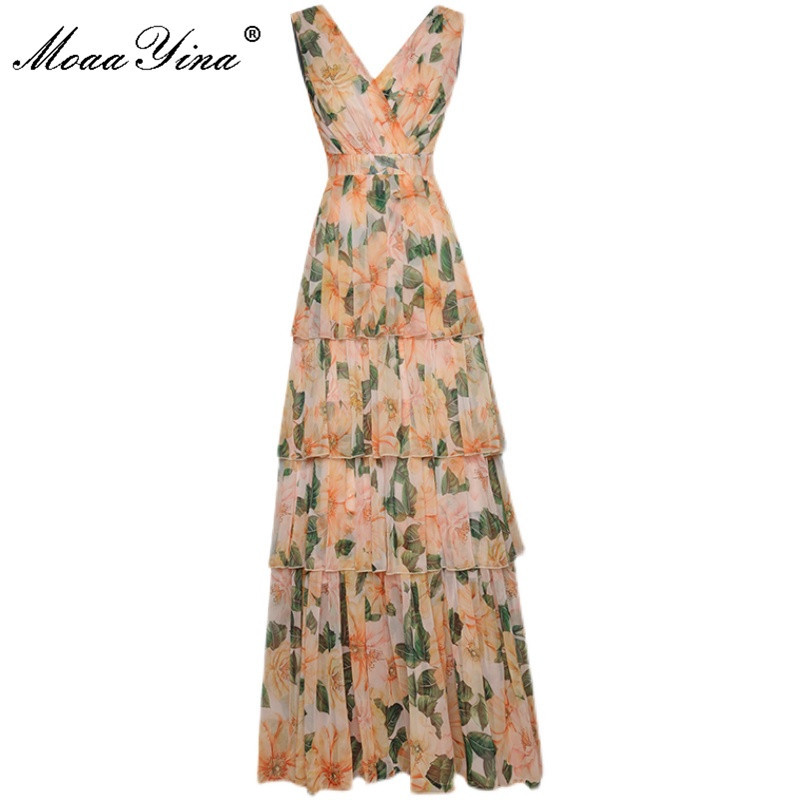 

Bohemian Vacation Long Dress Women's Summer V-Neck Sleeveless Fashion Cascading Ruffle Floral print Maxi 210524, Yellow