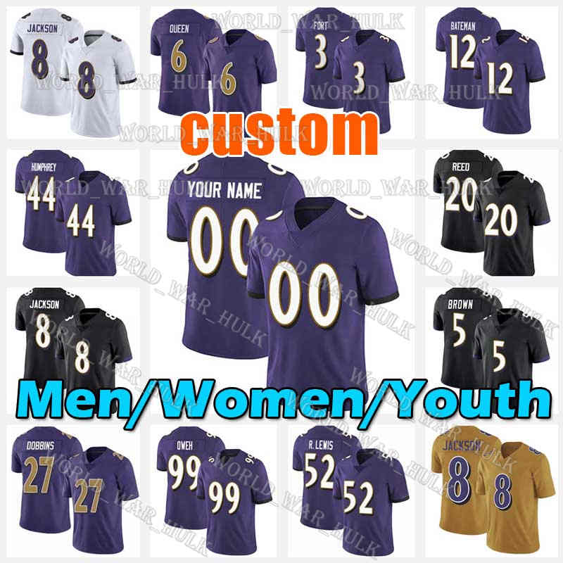 

8 Lamar Jackson Jersey 17 LeVeon Bell JK Dobbins 52 Ray Lewis Football Marquise Brown Patrick Queen Marlon Humphrey Ed Reed Alejandro Villanueva L.J. Fort Mark Andrews, Custom youth (w y)