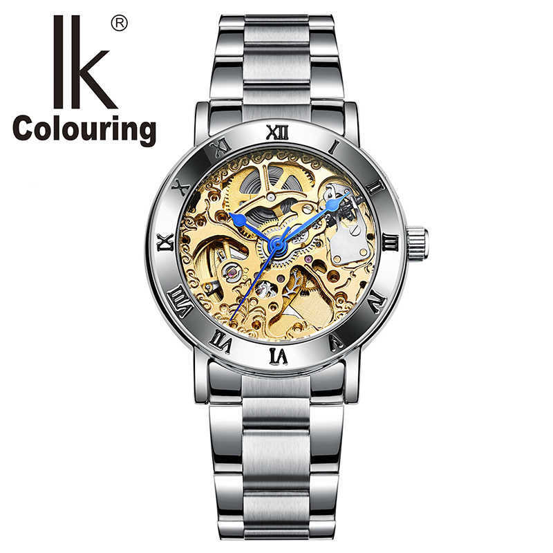 

IK Colouring Women Mechanical Watch Roman Lettering Bezel Gold Clouds Engraving Skeleton Automatic Self Wind Ladies Wrist watch 210616, Black silver