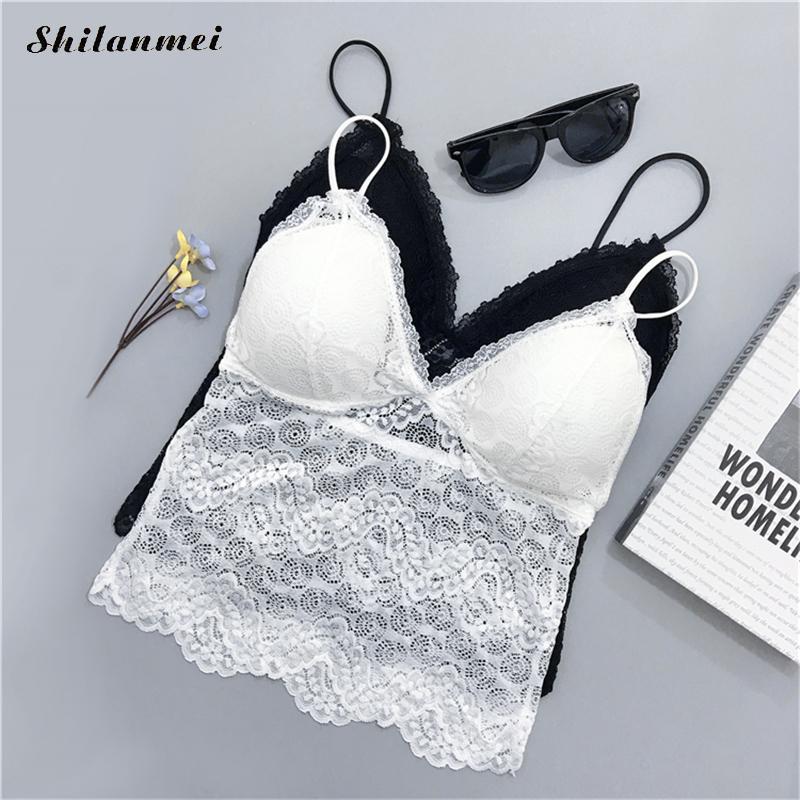 

Camisoles & Tanks White Lace Crochet Tank Top Sexy Cropped Bra Deep V Neck Bralette Embroidery Spaghetti Strap Women Underwear, Black;white