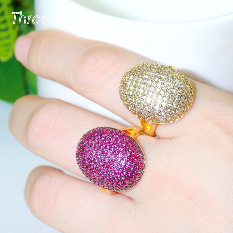 

Cluster Rings ThreeGraces Fashion Brand Micro Pave Pink CZ Yellow Gold Oval Shape Big Adjustable Size Finger For Women Jewelry RG134, Golden;silver