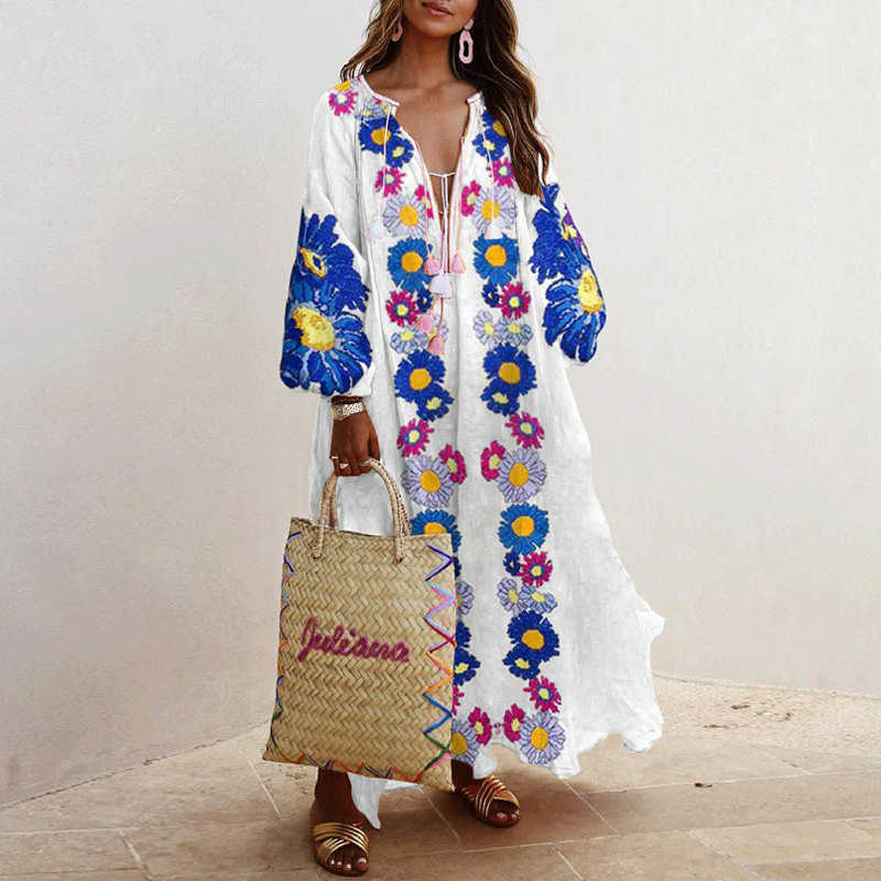 

Spring and Summer Fashion Casual Loose Women's Dress Retro V-neck Printed Fringe Lace Long-sleeved 210615, Q699-7