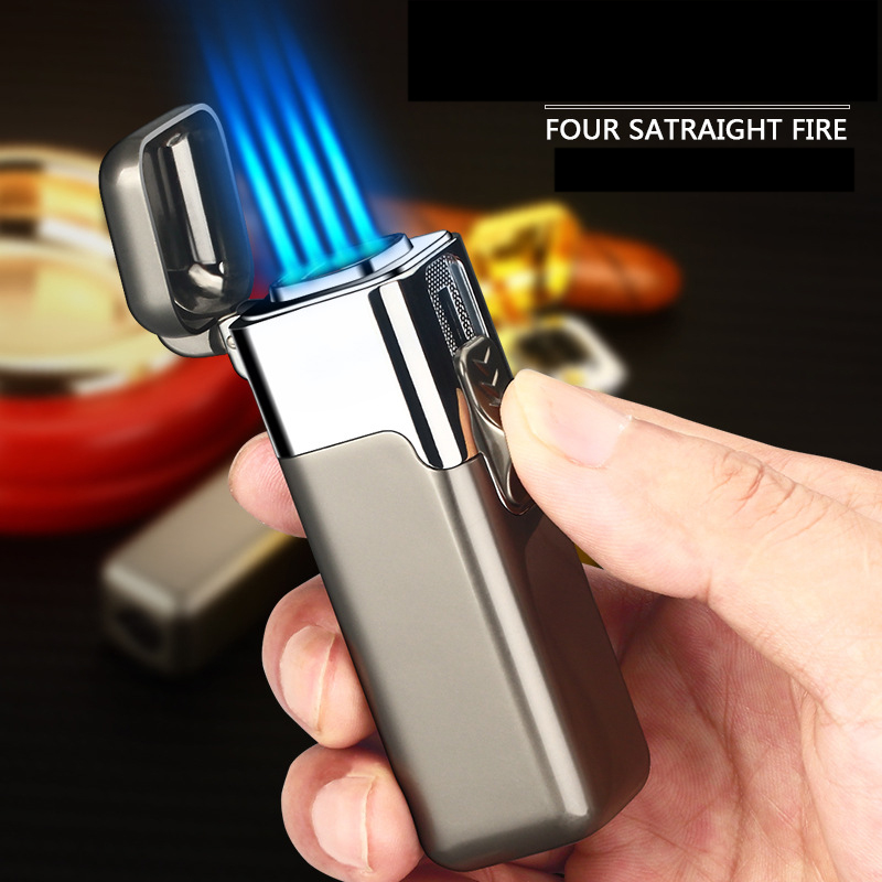 

Quadruple Flame Torch Cigar Lighter Outdoor Windproof Turbine Inflatable Butane Gas Type Metal Jet Lighters for BBQ Baking