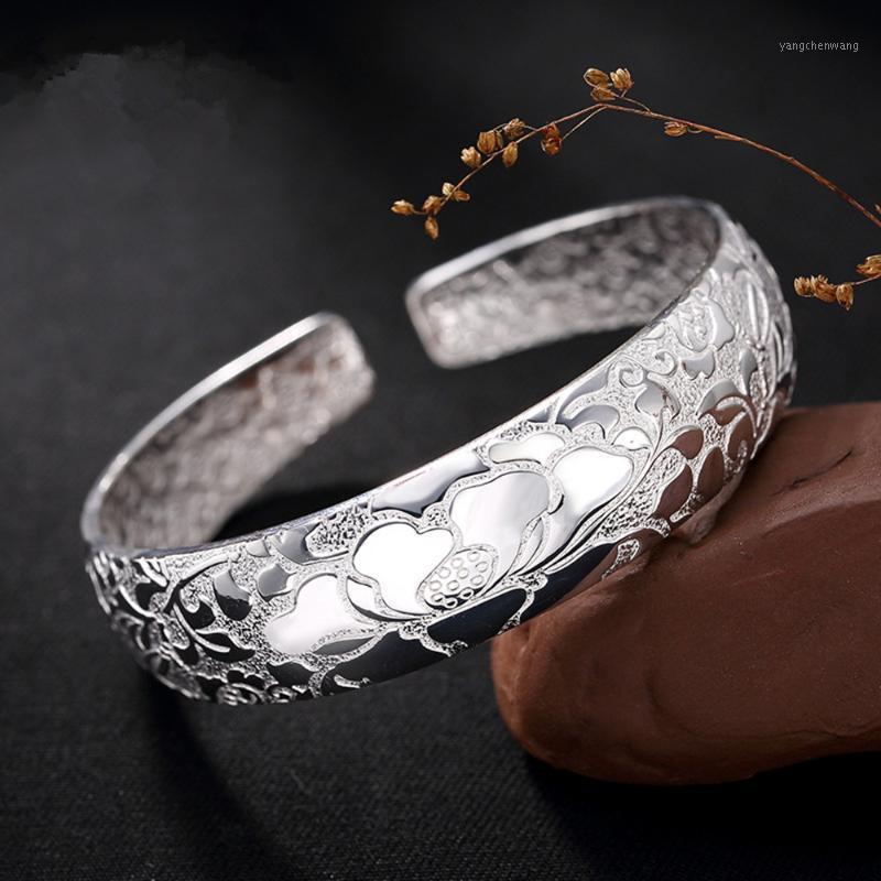 

Pure Silver Vintage Lotus Ladies Bracelet Open Adjustable Sterling Jewelry Good Gift Bangle