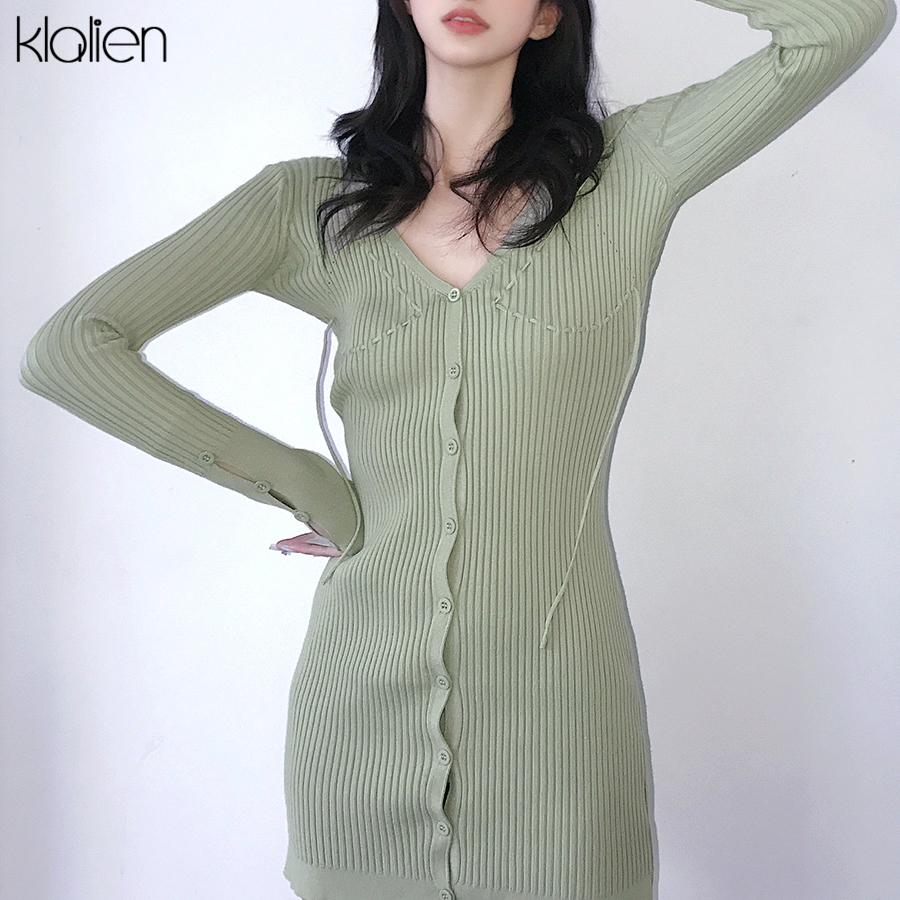 

autumn fashion elegant solid rib knitted women mini dress casual street long sleeve v neck slim female dress 2021 newplus size clothes, Black;gray