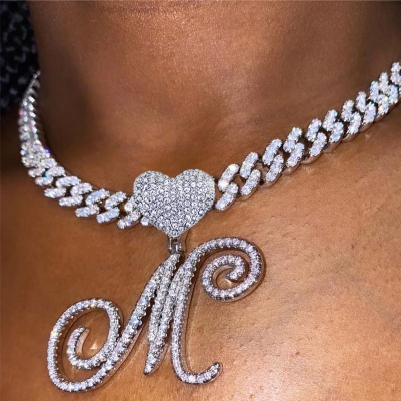 

Chains Hip Hop Unisex Bling A-Z Cursive Heart Letters Pendant Necklace Iced Out Crystal Initials Cuban Chain Necklaces Women Jewel4817641