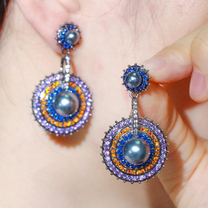 

Dangle & Chandelier CWWZircons Luxury Fashion Round Drop Purple Cubic Zirconia Long Gray Pearl Earrings For Women Engagement Jewelry CZ968, Silver