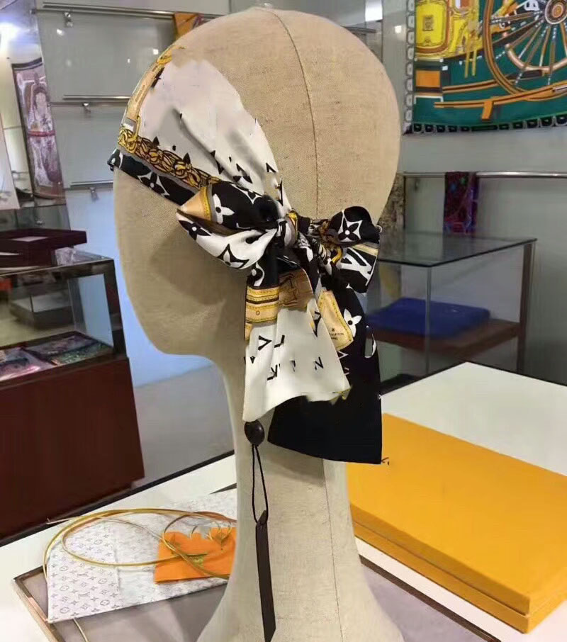 

brand silk scarf fashion men's and women's headband brand printed bow silk scarf fashion handbag decorative ribbon 120*7cm, Blue;gray