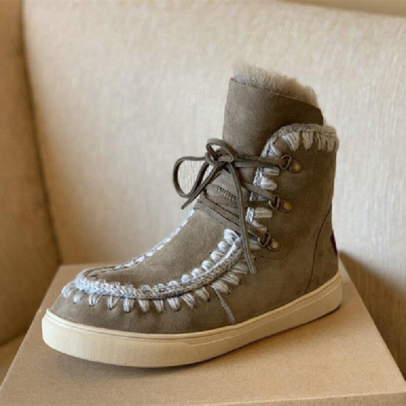 

Boots 2021 Women Snow Genuine Leather Fashion Round Toe Lace Up Top Quality Brand Designer Mixed Color Comfortable, Black