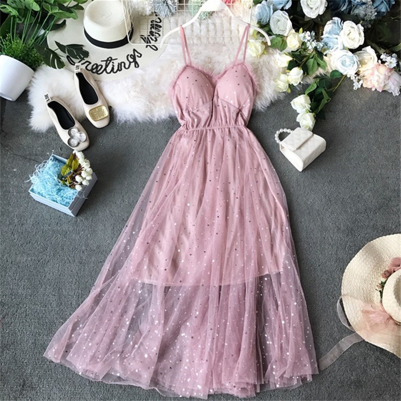 

Sequined Party Dress Stars V-neck Sleeveless Vestidos Sexy Dresses 2021 Summer Mesh Patchwork New Long Dresses, Apricot