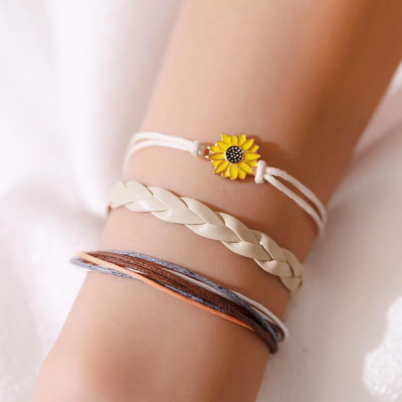 

Charm Bracelets Bohemian Hand-woven 3 Pcs/set Colorful Retro Sunflower Beaded Leather Rope Women Party Wedding Jewelry Accessories, Golden;silver
