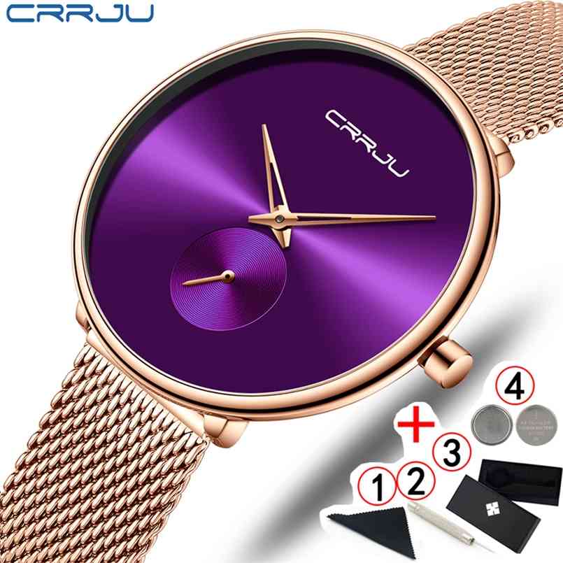 

Woman Watches Famous Brand CRRJU Simple Ladies Wrist Ultra Thin Rose Gold Female Wristwatch Reloj Mujer 210707, Slv-blue-add-tool