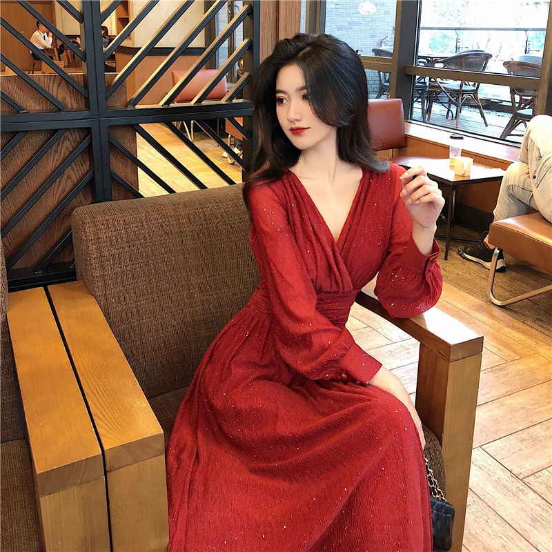 

Spring Vintage Glitter Long Maxi Dress Women High Waist Sleeve Elegant Boho es Plus Size Shiny Party 210521, Random color