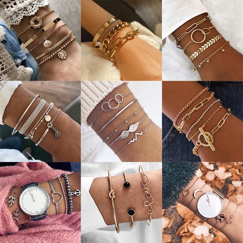 

Link, Chain Mix Styles Boho Mixed Leaves Letter Map Geometric Crystal Infinity Pentagram Shell Multi-layer Bracelet Women Wholesale