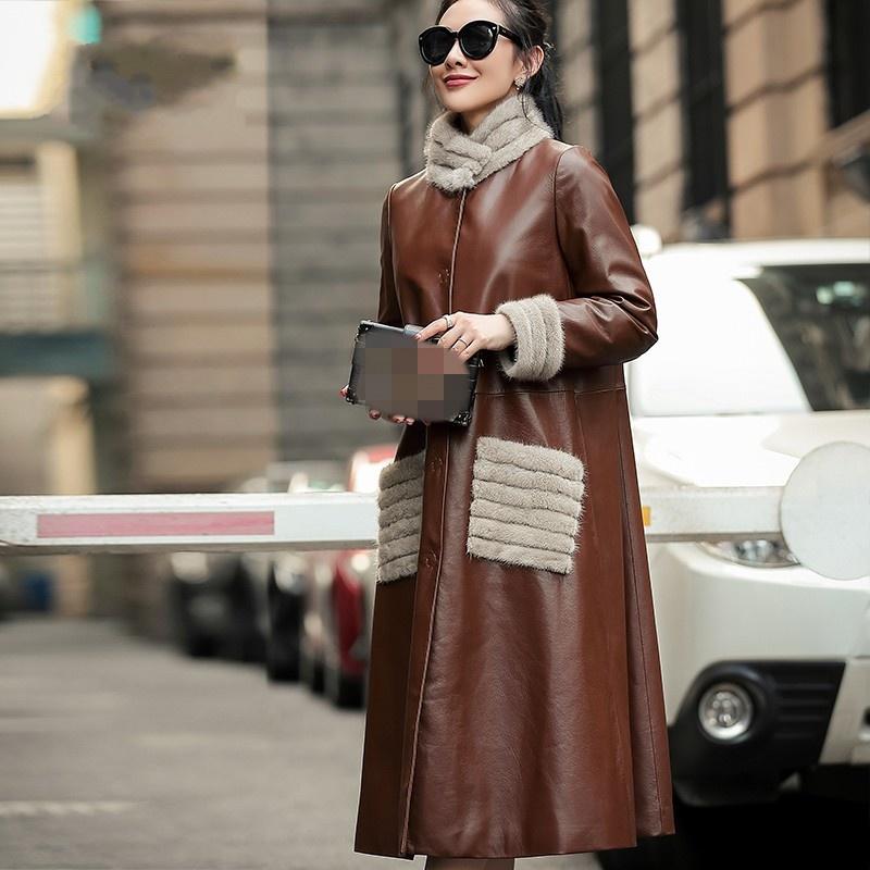 

Women's Leather & Faux Elegant Lady Goatskin Down Jacket Women Long Winter Collar Detachable Liner Loose Luxury Streetwear, Black