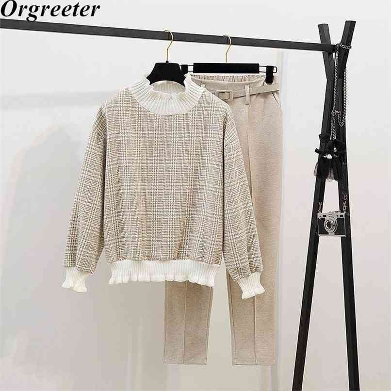 

Autumn and winter Loose Plaid Thick Woolen Sweashirt Two piece Elastic waist Harem Pants Sets Women With Belt 210602, Only tops