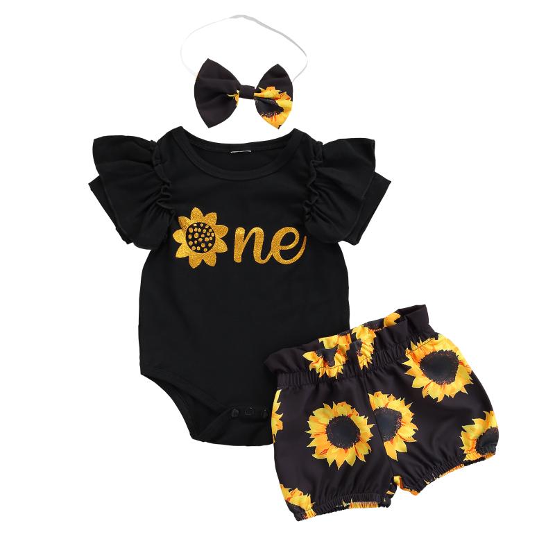 

Clothing Sets Baby Girls 1st Birthday 3Pcs Outfits, Short Sleeve Ruffle Letter Print Romper + Sunflower Shorts Headband Set, White