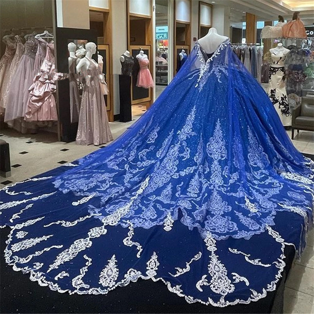 

Glitter Royal Blue Court Train Quinceanera Dresses Ball Gown Formal Prom Graduation Gowns With Cape Princess Sweet 15 16 Dress, Brown
