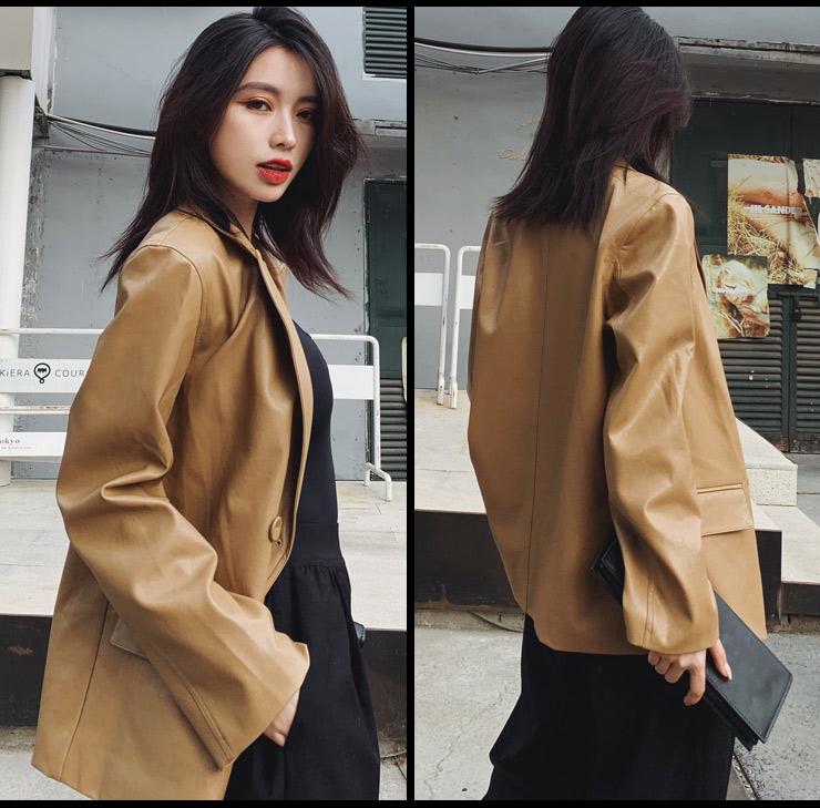 

Autumn Design Women' Turn Down Collar Cool Fashion Blazer Suit Style PU Leather Medium Long Sashes Coat SMLXL & Faux, Khaki
