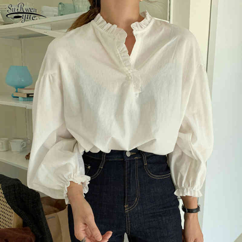 Fashion Cotton Lantern Sheve Femmes chemises décontractées plus taille féminine Pullover Blouse de chemisiers de dames blanches massifs 12532 210