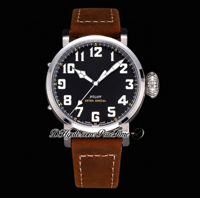45mm Steel Case Big Number Markers Miyota Automatic Mens Watch Black Dial Brown Asso Strap With White Line Super Edition Watches Puretime E01d4-image-707077386