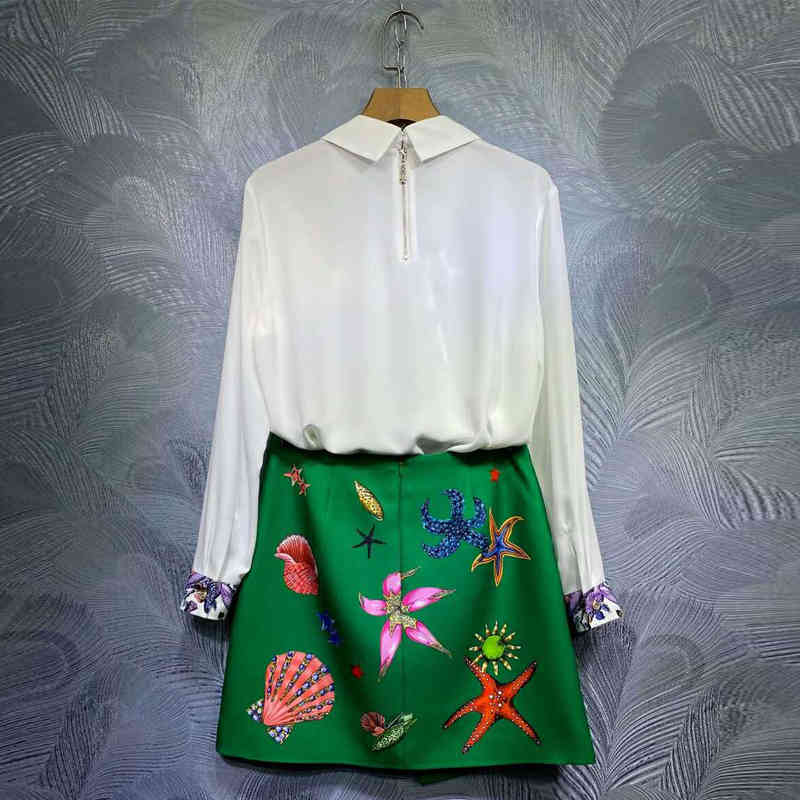 

dress Seqinyy causal suit summer fashion design feminine clue flowers print shirt + sea star green skirt crystal