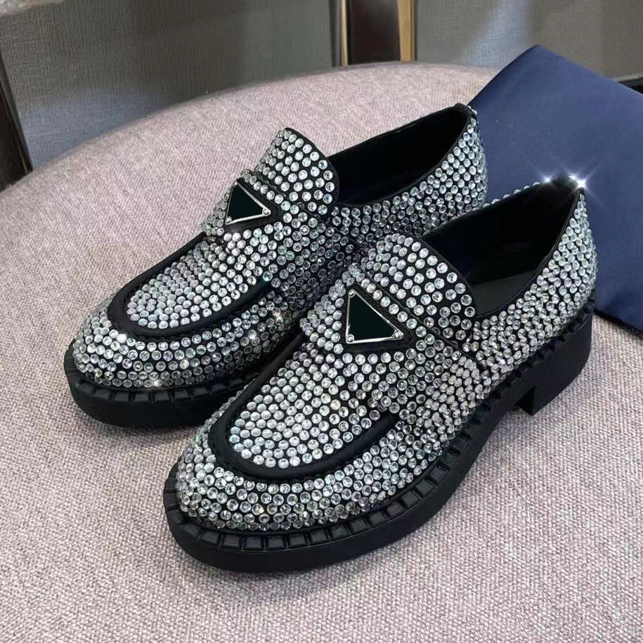 

Loafers With Crystals Dress Shoes For Woman Platform Oxfords Thick Rubber Sole Penny Loafer Triangle Sneaker Lady Wedding Party Work, Black silver