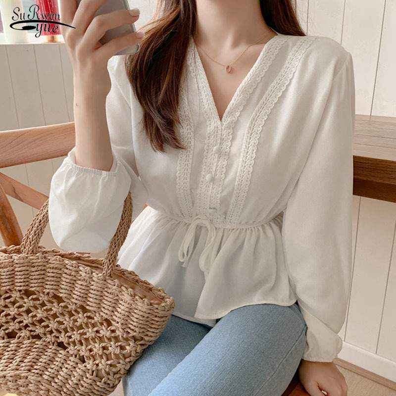 

White Blouse Sashes Casual Woman Clothes Autumn Lace Long Sleeve Shirt V-Neck Women Blouses Shirts Chemisier Femme 6878 210521, Black