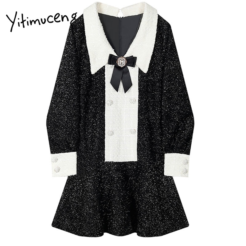 

Yitimuceng Black Mini Women Dresses Spring High Waist Square Collar Long Sleeve Lantern Fashion Clothing Office Lady 210601