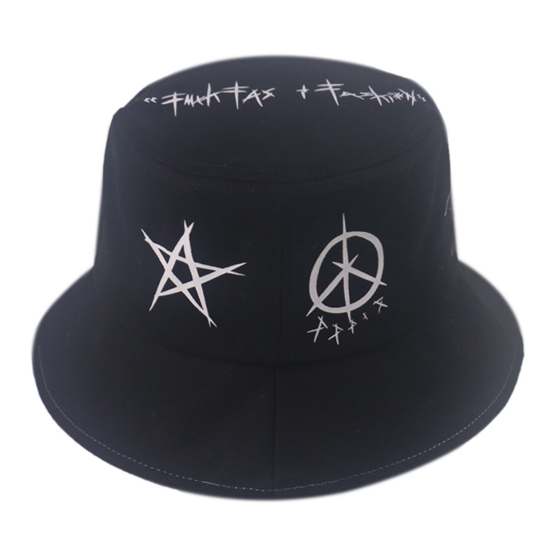 

Hats & Caps Korean Autumn Celebrity Style Five-Pointed Star Hat Mens and Womens Graffiti Black White Stitching Sun-Shade Fisherman Bucket Me