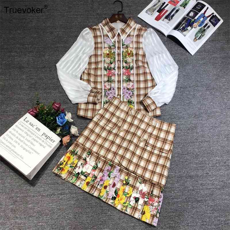 

Truevoker Runway High Street Mujer Skirt Set Women Full Sleeve Print Crystal Sequins Top + Pleated Lady Desiger et 210602, Multi