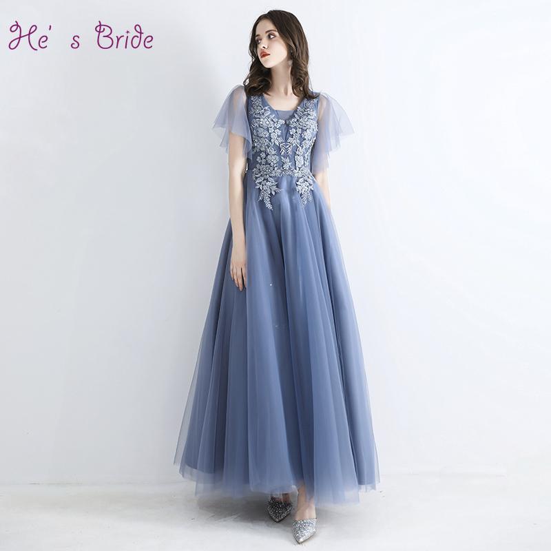 

Party Dresses He's Bride Floor-Length Elegant Banques Beading V-Neck Grey-blue Formal Evening Sweetheart Prom Dress Vestido De Noche, As pic