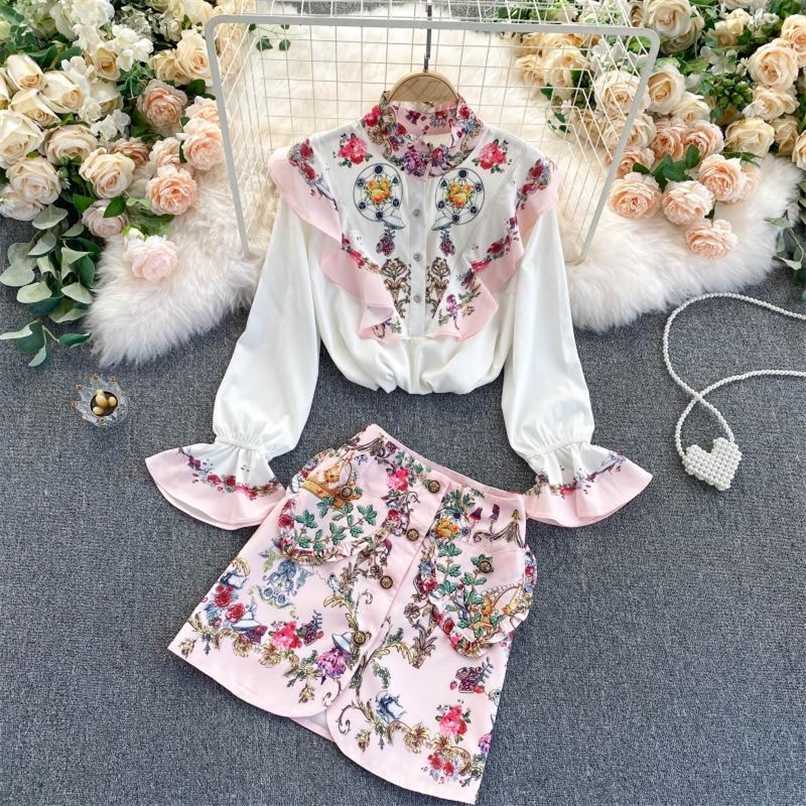

style retro printing western style skirt suit two-piece suit ladies temperament ladies shirt all-match skirt trend 211108, Pink
