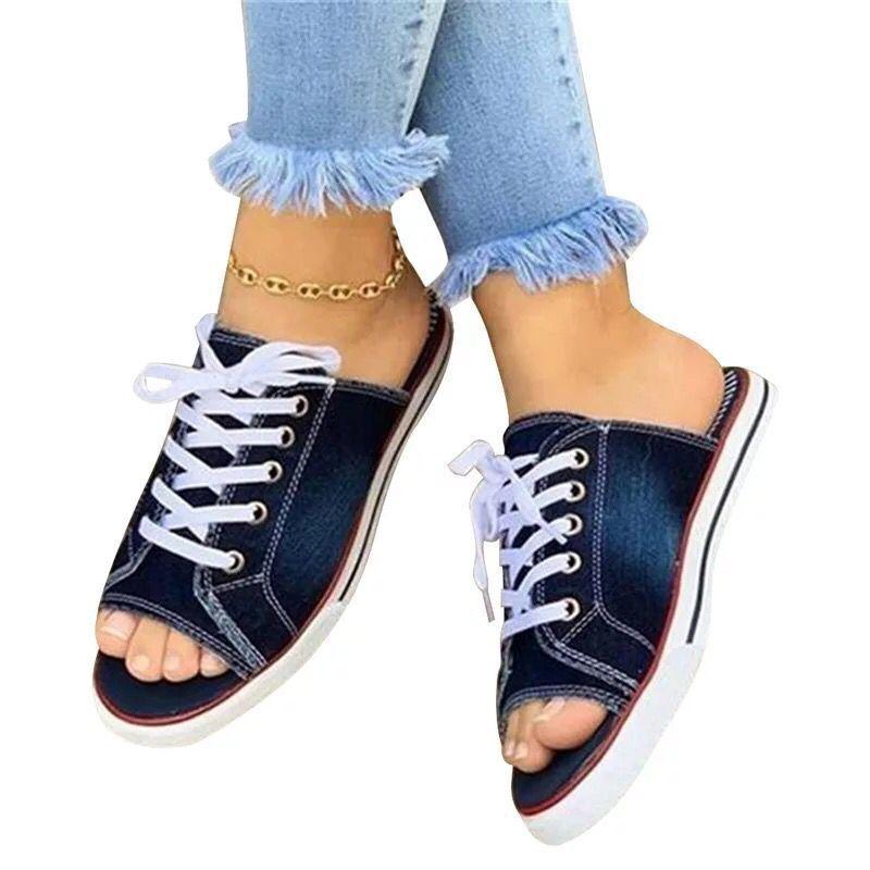 

Slippers Plus Size Women Denim 2021 Summer Fish Mouth Fashion Lace-up Casual Flat-bottomed Ladies Canvas, Black
