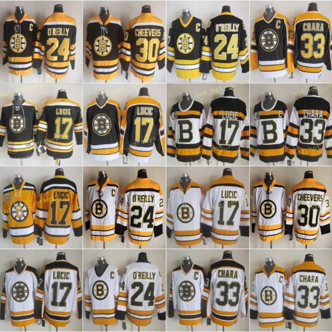 

Boston 17 Milan Lucic Hockey Jersey Bruins Men 33 Zdeno Chara 24 Terry O'Reilly 30 Gerry Cheevers 75th Vintage CCM Black White, As