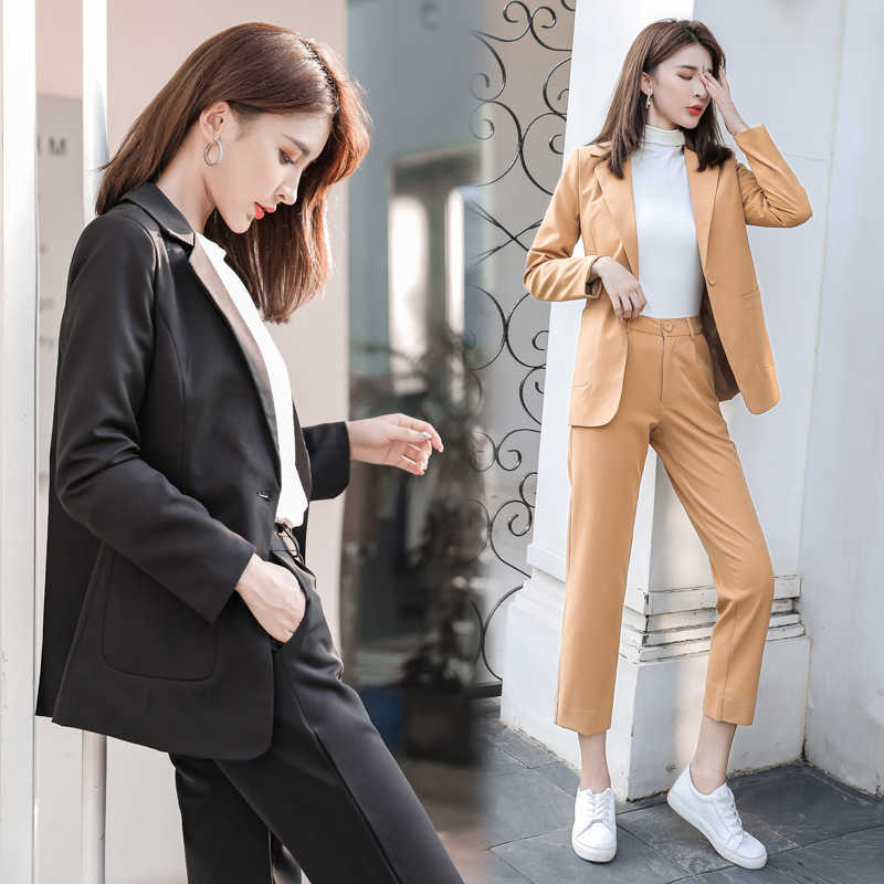 

Autumn and winter casual solid color women's suit Temperament Slim Long Sleeve Single Button Jacket Set Wild nine pants 210527