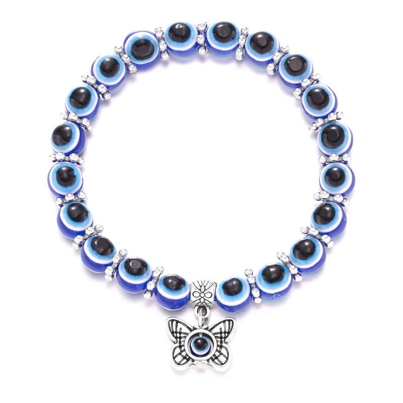 Wholesale Fashion Antique Silver Plated Hand Turtle Butterfly Charm Bracelets Blue Evil Eye Beads Bracelet