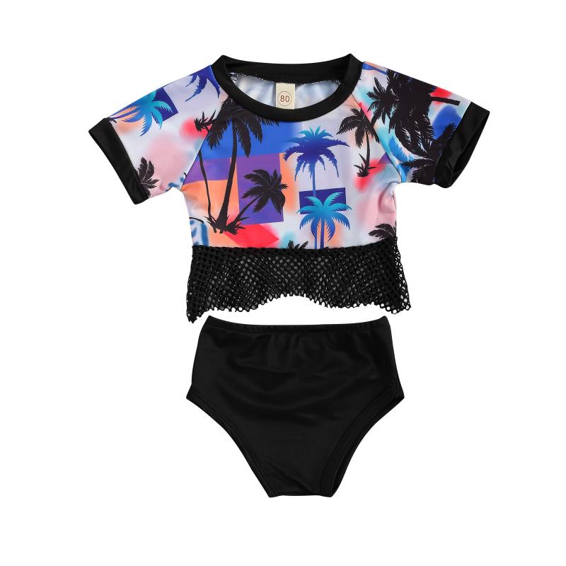 

One-Pieces 2 Pcs Infant Bathing Suits Baby Girl Coconut Palm Print Round Neck Mesh Bikini Tops + Swimming Bottoms, Black