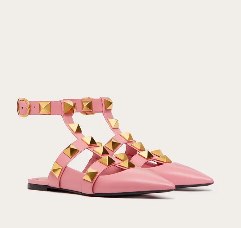 

Sandals Summer Ballerines Roman Stud Ballet Flat Calfskin With Straps Rock Studs Lady Flats Luxury Designer Outdoor Walking Shoes