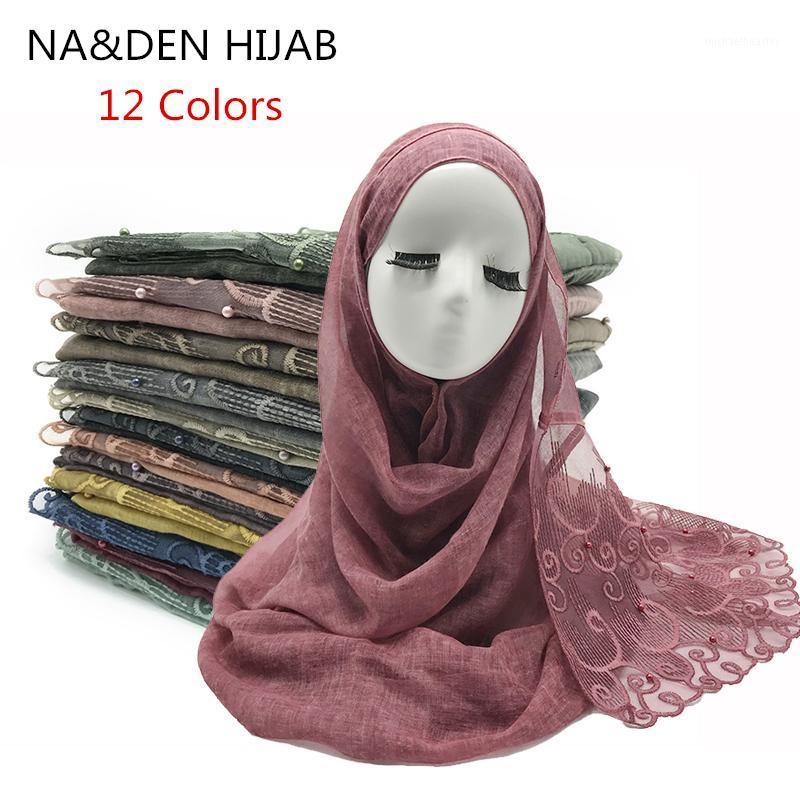 

Scarves Woman Plain Viscose Lace Pearls Scarf Muslim Shawl Solid Color Lady Muffler Luxury Foulard Femme Hijabs 10pcs/lot