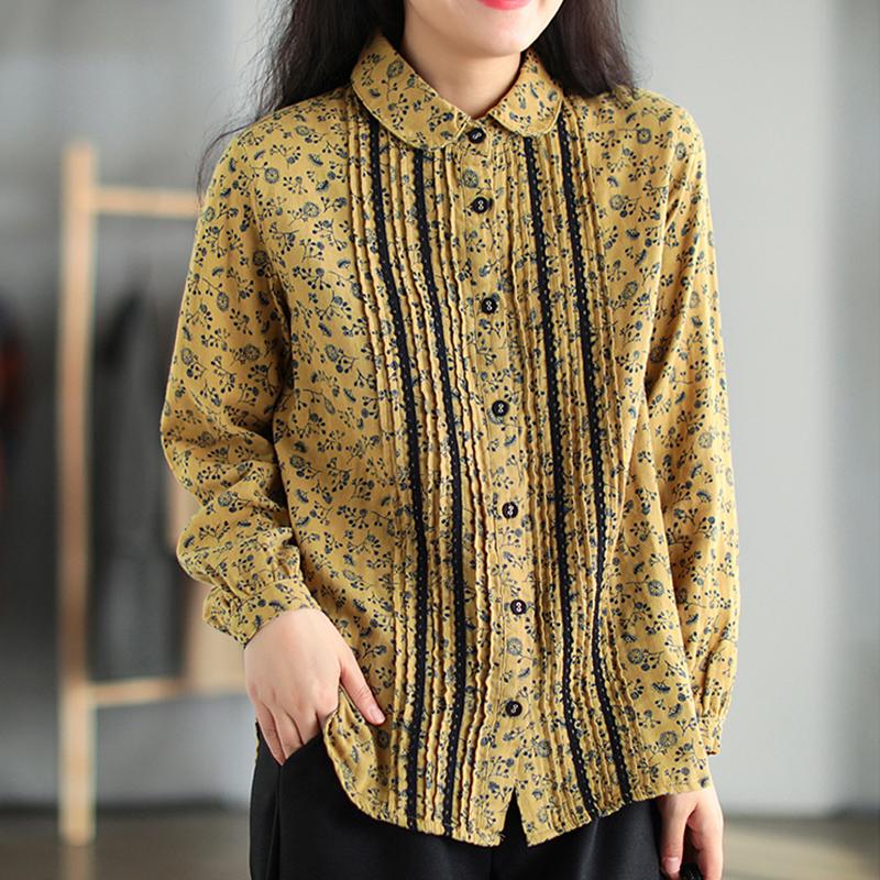 

FairyNatural Perter Pan Collar Casual Loose Blouses Retro Winter Ladies Tops Cotton Lace Women 2021 Print Flower Shirts Women's &, Blue