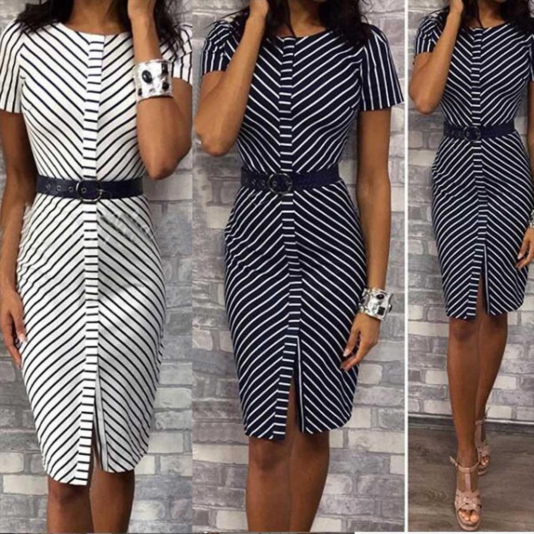 

vintage plus size stripe pritn women dresses o neck knee fashion summer casual loose female elegant office lady, Black;gray